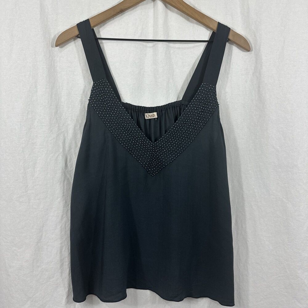 Khush Beaded Vneck Tank Top Womens Gray Boho Y2K Summer Festival Hippie